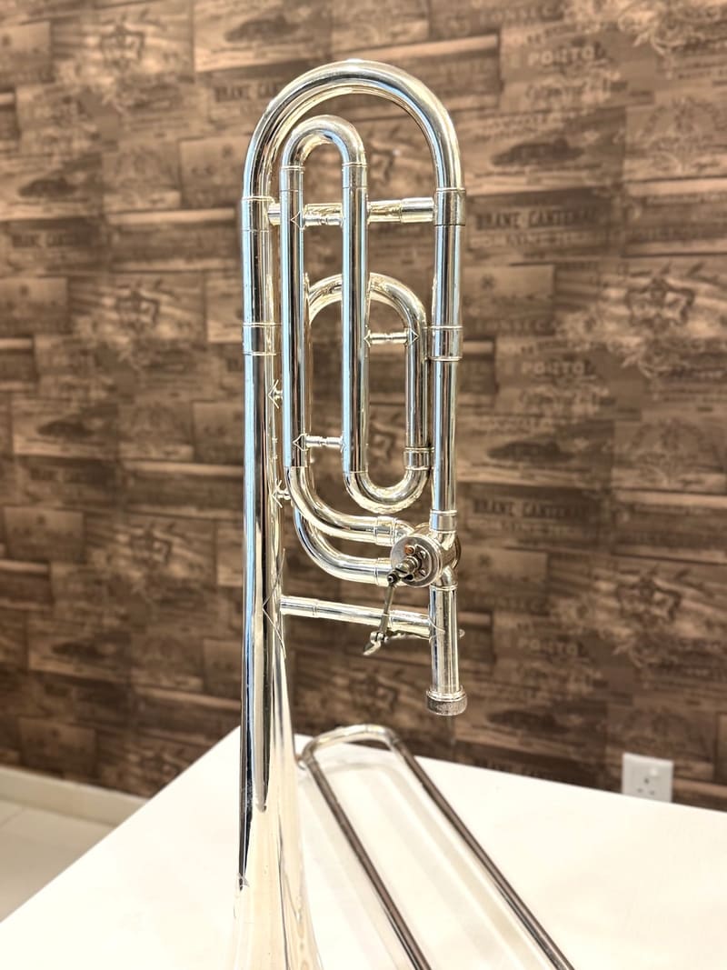F-attachment valve wrap on a silver Bach TB200B Bb/F tenor trombone