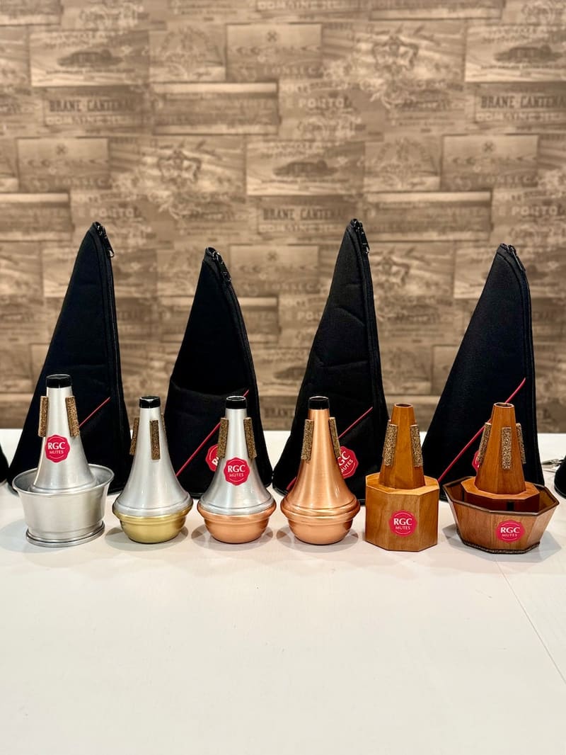 RGC trumpet mutes in aluminium, copper and cherry wood with carry bags